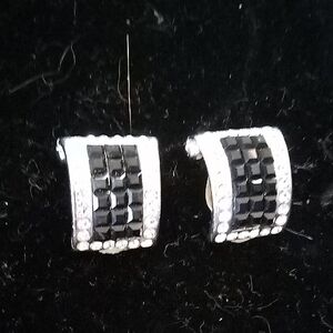 Silver-Tone Black Crystal Curved Clip On Earrings